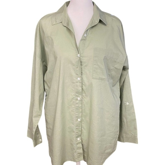 Buru Womens Button Up Shirt Pocket Long Sleeve Collared Green Top Blouse SZ S - Picture 1 of 8